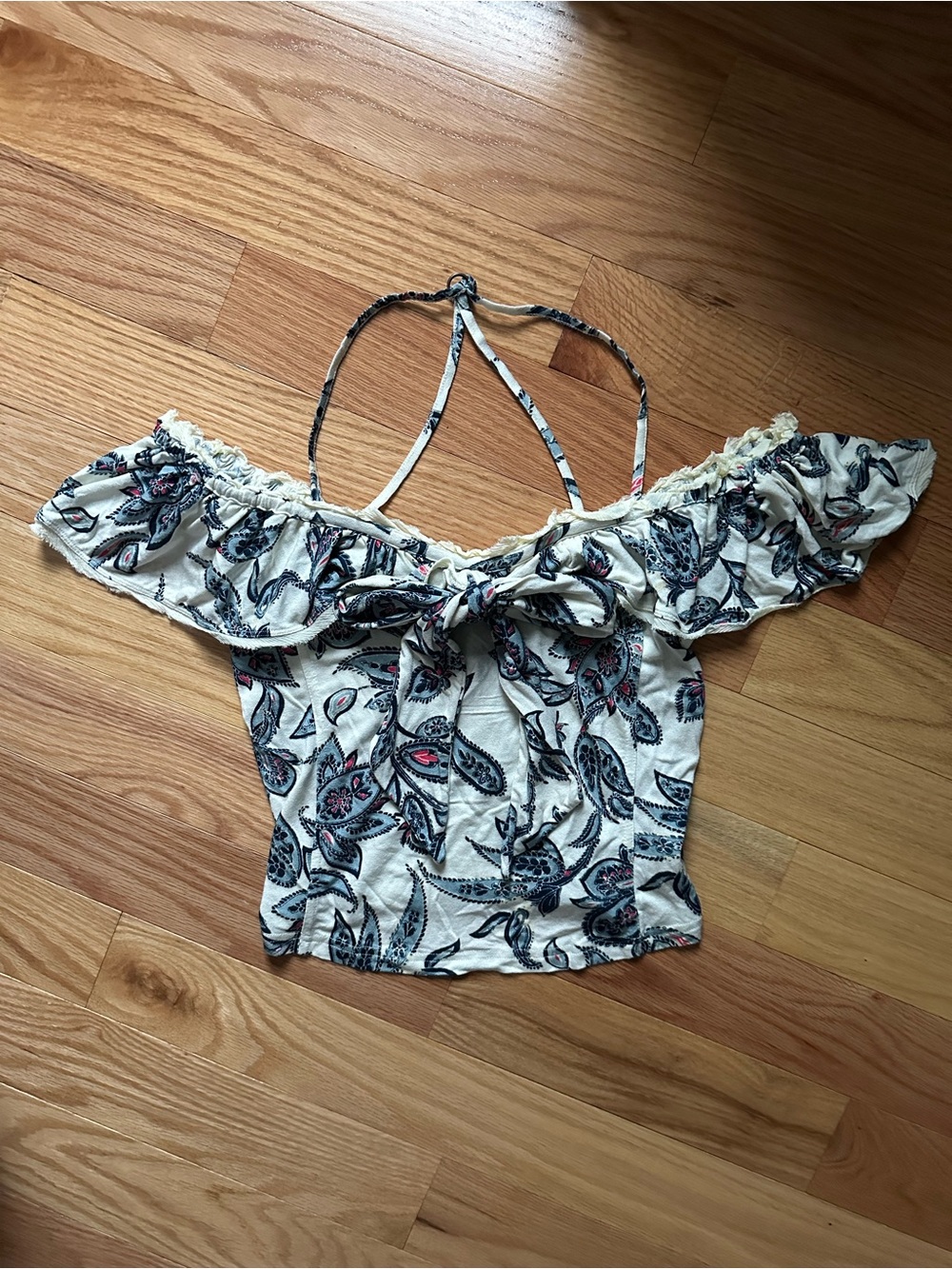 Free People Paisley Off Shoulder Halter Top M Ruffle Tie Front Boho ✨